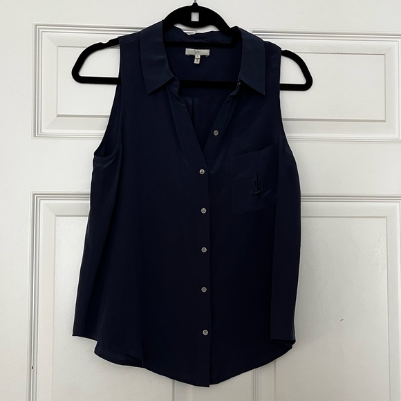 Joie Navy Silk Embroidered Anchor Pocket Tank Top - Picture 5 of 6